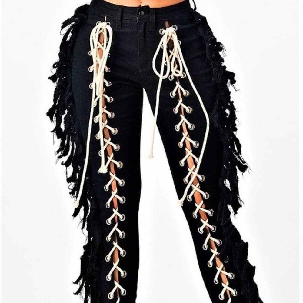 Loverly Fit Black With Cream Lace up And Primitive Fringe Style Pant Size 1X - Picture 5 of 6